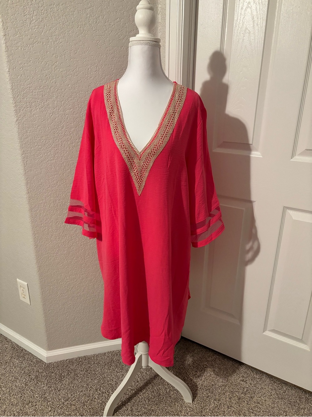 Women’s Pink V-Neck Swim Cover-Up with Embroidered Trim - 2XL